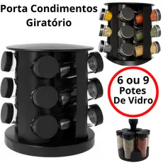 Porta Condimentos Temperos Giratório 6 e 9 Potes Vidro 90G com Tampa Dosadora Preto