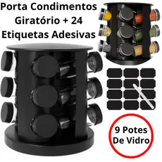 Porta Tempero Organizador Giratório 9 Potes Vidro 90G Para Cozinha Com Tampa Dosadora + 24 Etiquetas