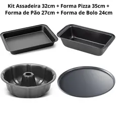 Conjunto De Formas Assadeiras 4 Peças Antiaderentes Bolo Pizza Tortas Pão Aço Carbono Não Gruda