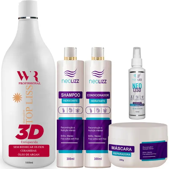 Progressiva Top liss 3D + Shampoo + Condicionador + Máscara Reparadora + Protetor Térmico