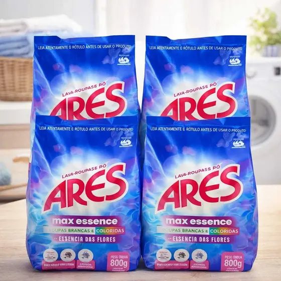 4 Sabão em Pó ARES 800g Lava Roupas Perfumado Alto Rendimento Promoção Lavanderia