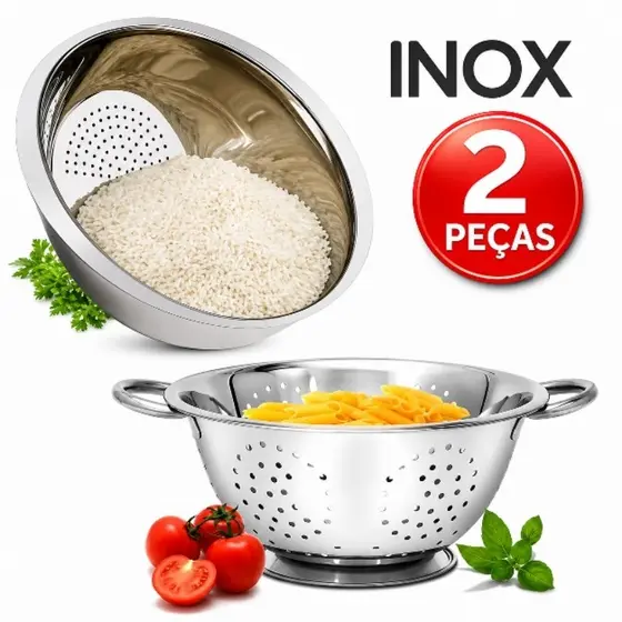 ESCORREDOR DE MACARRÃO MASSAS + ESCORREDOR DE ARROZ INOX MULTIUSO KIT 2