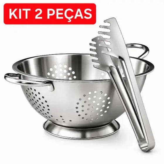 Escorredor de Macarrão Massas Multiuso + Pegador de Massas Inox Utensílios Cozinha KIT 2 Peças