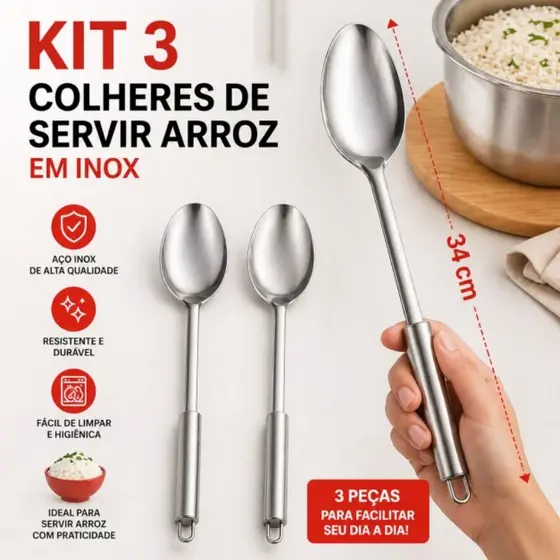 Kit com 3 Colheres de Servir Em Inox Linha Premium Não Enferruja Para Pratos Quentes ou Sofisticados