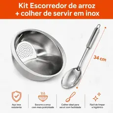 Escorredor de Arroz Multiuso + Colher de Servir Inox Utensilios de Cozinha KIT 2 Peças