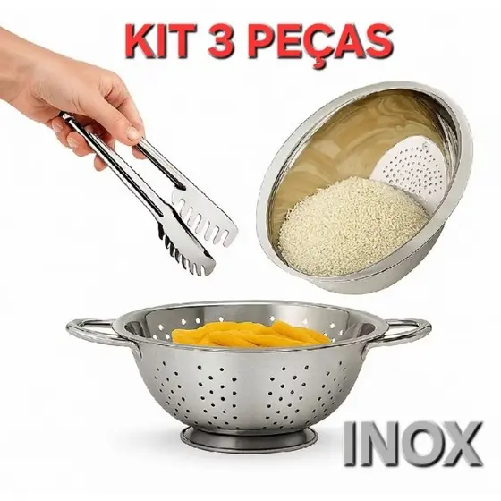 Escorredor de Macarrão + Escorredor de Arroz + Pegador de Massas Multiuso Inox Utensilios de Cozinha