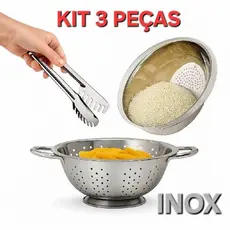 Escorredor de Macarrão + Escorredor de Arroz + Pegador de Massas Multiuso Inox Utensilios de Cozinha