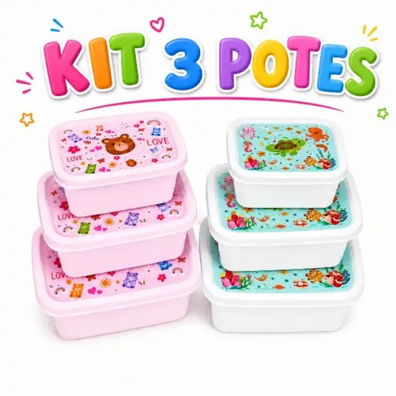 kit 3 Potes de Plástico Infantil Para Alimento Conjunto Organizador Multiuso 220/420/750 ml