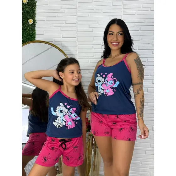 Baby Doll Stitch Azul Alcinha Verão Short Doll Feminino Adulto Mãe e Filha