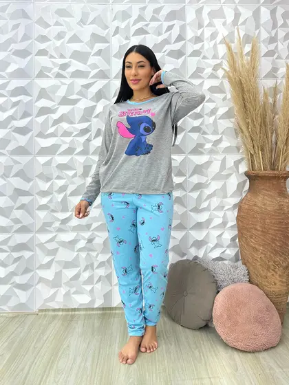 Pijama Stitch Mãe e Filha De Inverno Calça Manga Cumprida
