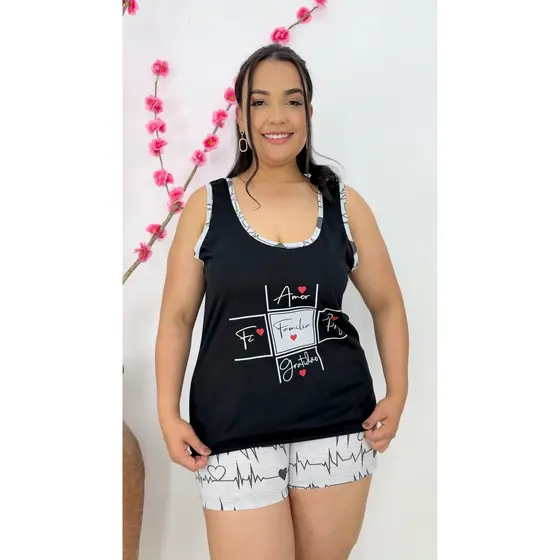 Baby Doll Plus Família Preta Alça Larga Short Doll Verão Estampado