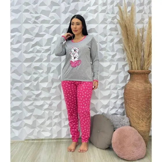 Conjunto Pijama Manga Longa Calça Comprida Frio Dormir Confortável Feminino Inverno