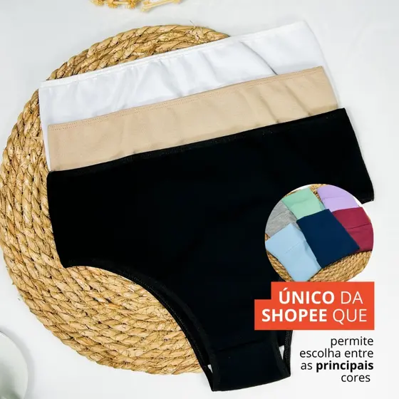 Kit com 3 Calcinhas de Algodão Cores Basicas com Cintura Alta Que Nâo Marca 100% Algodão Cós Alto Ultra Confortavel