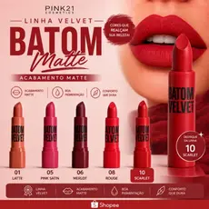 Batom Matte Bastão Pink 21 Velvet Confortável Pigmentado e Longa Duração
