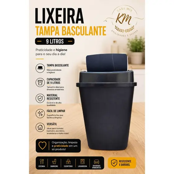 Lixeira 9 Litros Preta Multiuso Basculante designer clean cozinha, banheiro