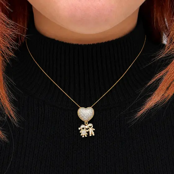 Colar Coração Filhos Cravejado Microzircônias Casal Menino Menina Banhado a Ouro Presente Para Mãe