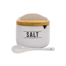 Saleiro De Porcelana Manhattan Branco Com Tampa Bambu Colher Para Cozinha Mesa 290g