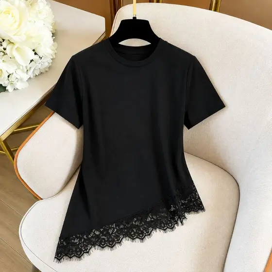 Camiseta Feminina de Cor Sólida com Gola Redonda, Manga Curta e Barra de Renda, Estilo Fashion
