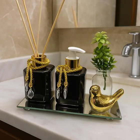 Kit Lavabo PLÁSTICO 200ml Difusor Ambiente Saboneteira + Passarinho Bandeja Espelhada e Vaso Planta