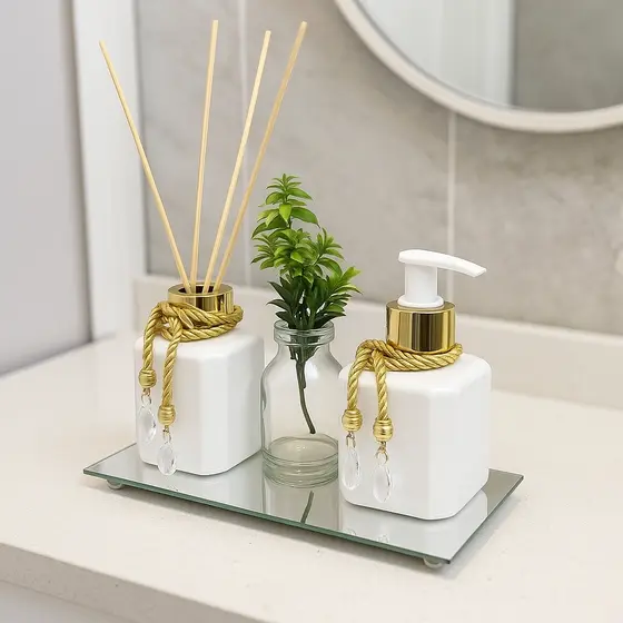 Banheiro Kit PLÁSTICO Pet 200ml Difusor Aromatizador Saboneteira Com Bandeja Espelhada e Vaso Planta