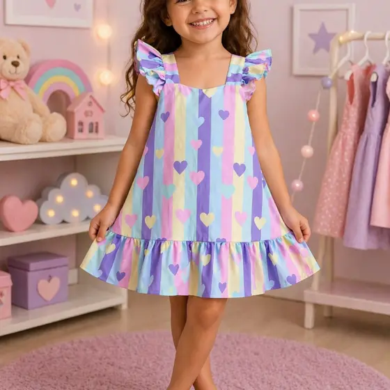 Vestido Infantil Menina Trapézio Verão confortável Sem Manga Com Babado Acompanha Laço