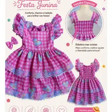 Vestido Festa Junina Infantil Rosa Xadrez Luxo com Laço + Elástico nas Costas | Vestido Caipira Menina São João
