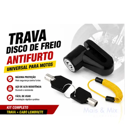 Cadeado Trava Disco Freio Moto Universal Antifurto Preto Com Cabo Aviso Lembrete
