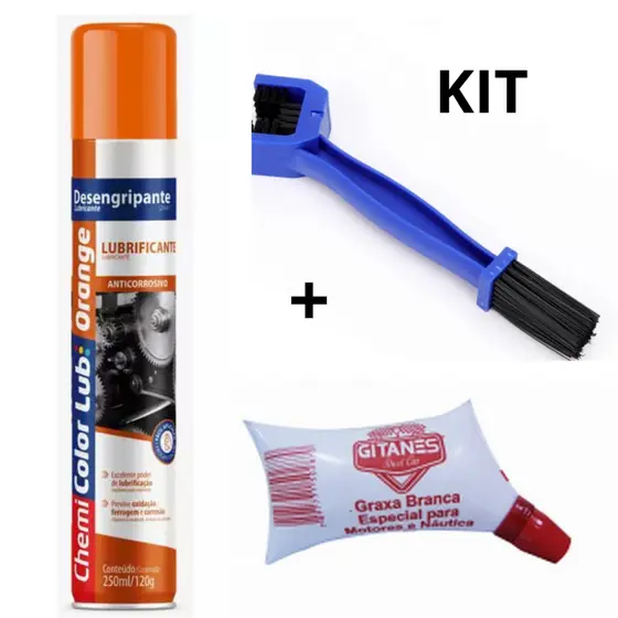 Escova Limpeza Transmissão + Graxa  Lubrificante De Corrente De Moto + Desengripante Antiferrugem Spray Multiuso 250ml