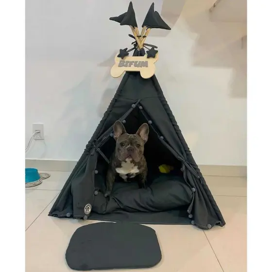 Cabana Pet Cinza Escuro Caes E Gatos Plaquinha Personalizada Cama Desmontavel e Lavavel