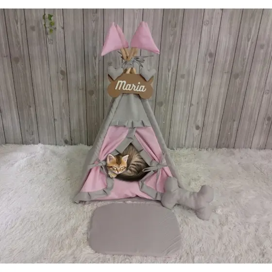 Cama pet Cabana Personalizada Para Cachorros E Gatos Rosa E Cinza Tapete Decorativo Desmontavél