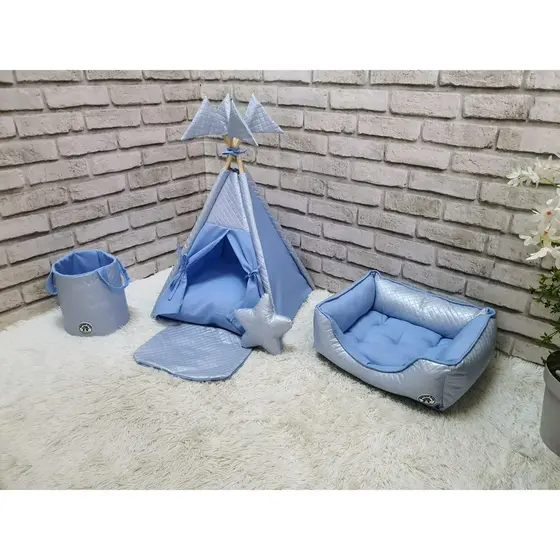 Kit Pet Casinha Cama Cesto Organizador Azul Desmontável Almofada Colchonete