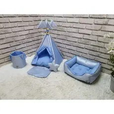Kit Pet Casinha Cama Cesto Organizador Azul Desmontável Almofada Colchonete