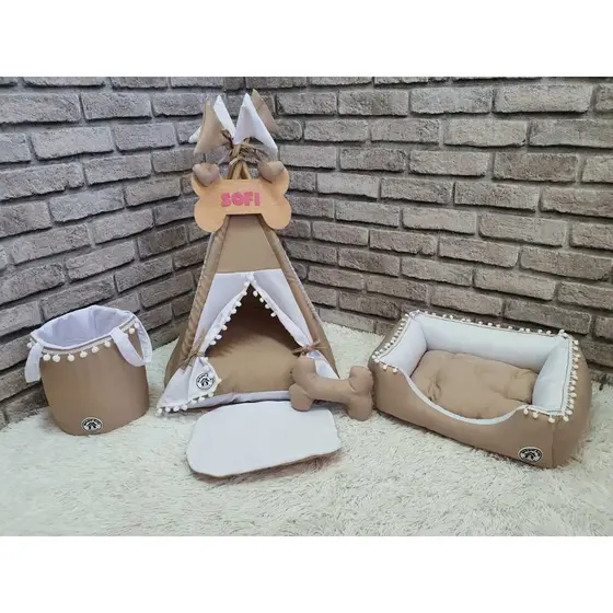 Kit Caminha Bege com Branco Toca Cesto Organizador Cama Colchão Pet