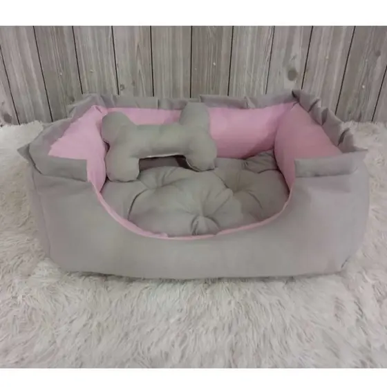 Cama Pet Rosa Cinza Almofada Removivel Ziper nas Laterais Cinza