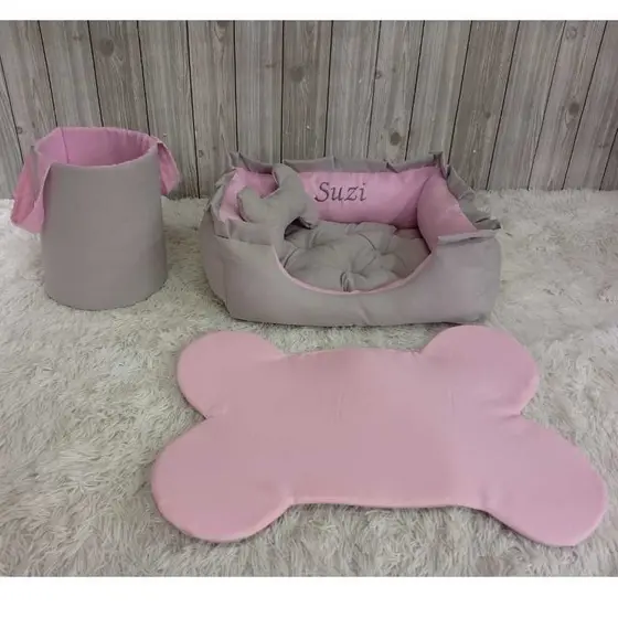 Kit Pet Cama Personalizada Caes E Gatos Cesto Organizador Jogo Americano Rosa Caminha Com Ziper