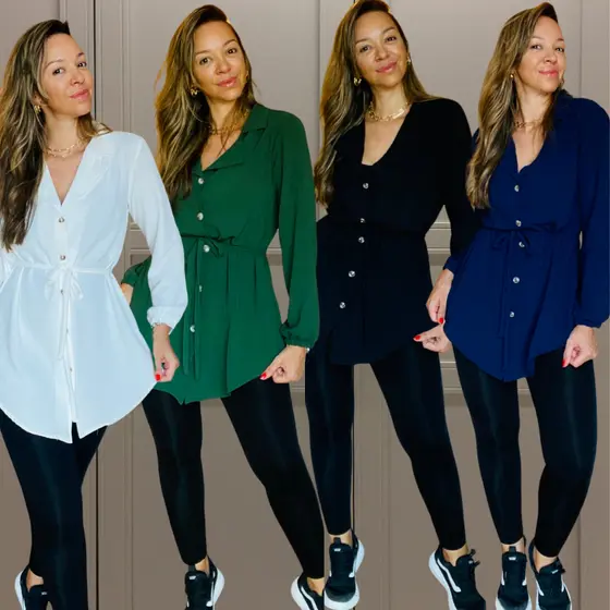 Camisa Feminina Inverno Elegante Chic Manga Longa Camisão Social
