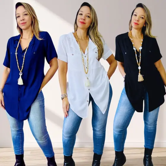 Camisa Feminia c Cinto Camisão Chemise Manga Curta Básica Elegante Social Chic Dia a Dia Botão