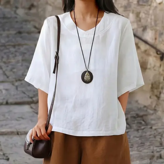 Blusa Feminina Manjga Curta Gola Redonda Casual Elegante Social Leve