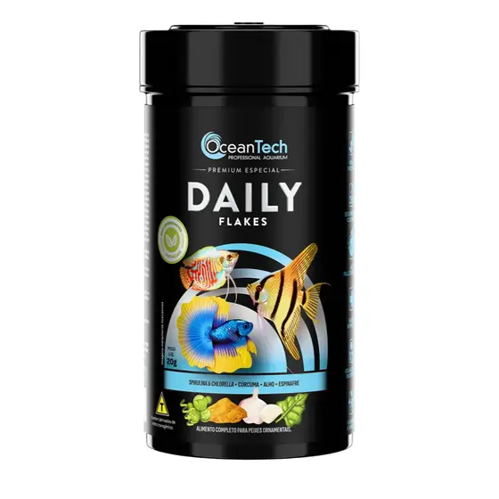 Ração Para Peixes 20g Ocean Tech Daily Flakes Peixe Tropical Tetra Dia Sera Garlic Tropicais Min Guppy Neon Acará Disco