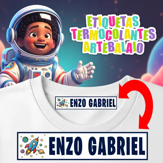 Etiquetas Termocolantes Personalizadas Escolares Nome Criança Uniforme Roupa Astronauta ArteBalaio