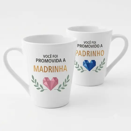 Jogo 2 Canecas de Porcelana  Presente Casamento Batizado Madrinha Padrinho Dinda E Dindo