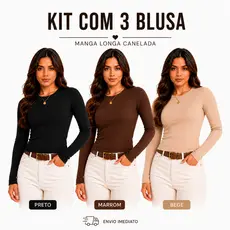 Kit 3 Blusa feminina Manga Longa Lisa Canelado Premium Inverno Frio