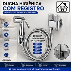 Ducha Higiênica com Gatilho Cromado/Preto + Mangueira Inox Flexível e Registro Dupla Saída de Água