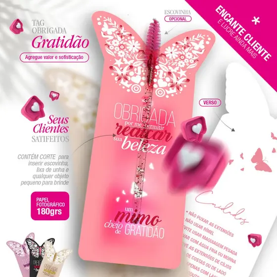 TAG Borboleta Cartão Porta Escovinha Cílios Gratidão Mimo Lash Designer Papel Fotográfico