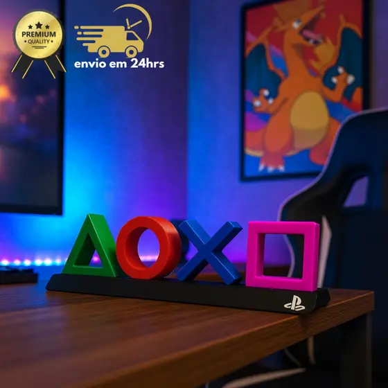 Letreiro Gamer PlayStation – Decoração Geek para Setup 3D Colorido