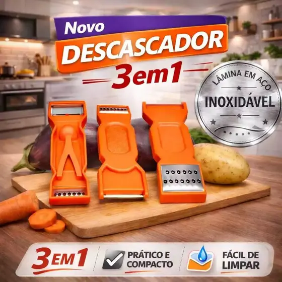 Descascador De Legumes 3 Em 1 Aço Inox Ralador E Fatiador Multifuncional Pelasti