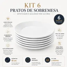 Jogo 6 Pratos de Sobremesa Redondo Opaline Vidro Branco 18cm Resistente Mesa Posta Elegante Luxo
