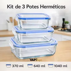 Kit 3 Potes Vidro Com Tampa Herméticos Alta Vedação 370ml 640ml 1040ml Armazenar Comidas Fitnnes