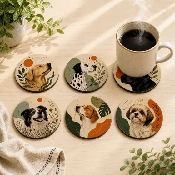 Kit 6 Porta Copos MDF 9cm Decorativo Premium – Praia, Cachorro, Gato e Fazenda – Protege e Decora