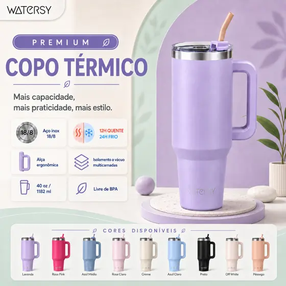 Watersy Copo Térmico 30oz 891ml com Canudo e Alça Inox 304 Antivazamento para Carro